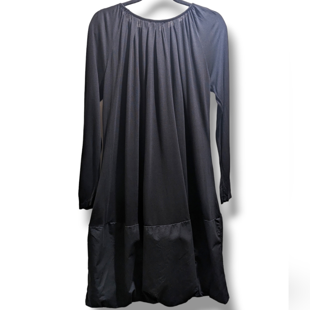 Clu Black Long Sleeve Stretchy Rayon-Cotton Midi Dress Full Bubble Hem Skirt- L - Picture 2 of 6